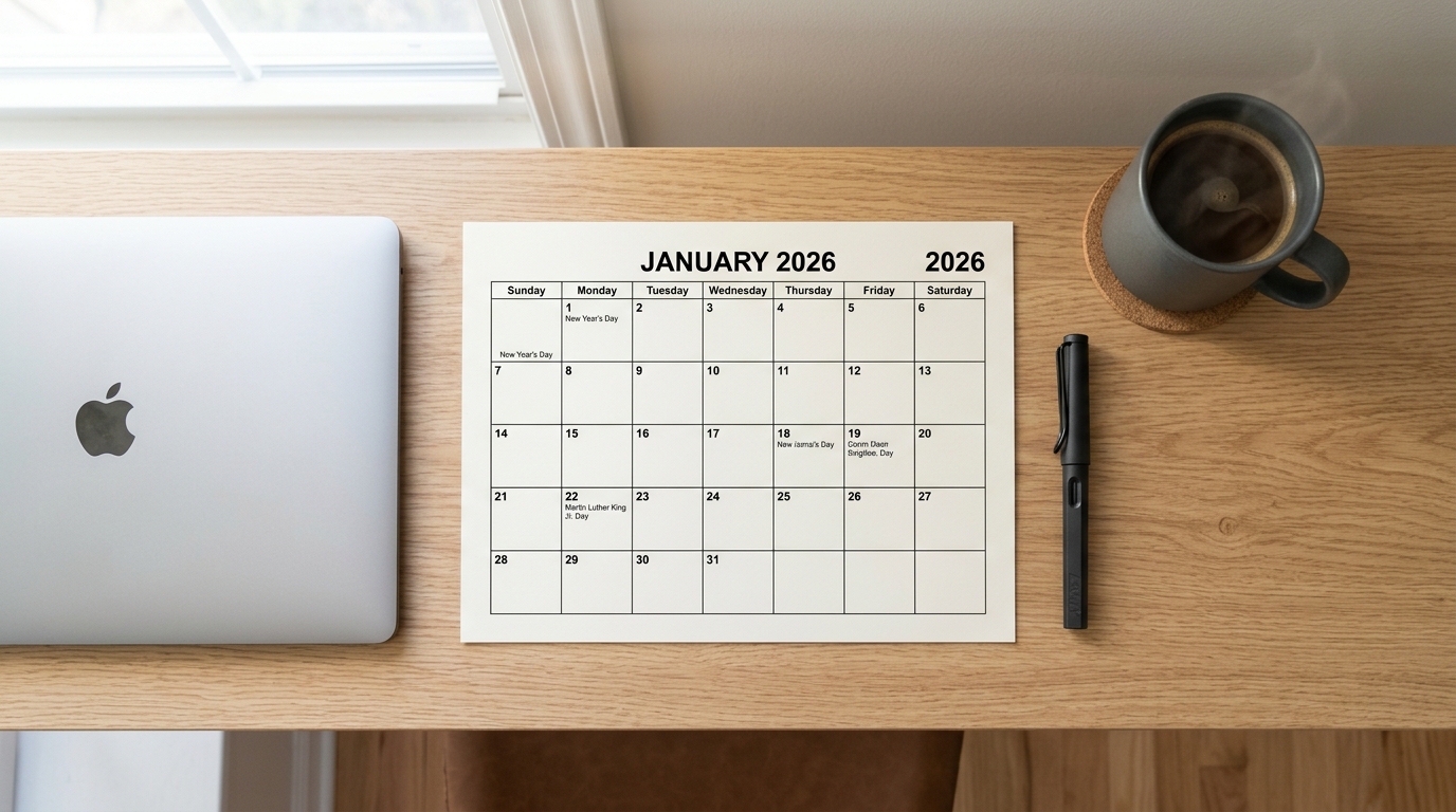 Printed 2026 calendar with holidays printable pdf lying flat on a modern wooden desk with pen and coffee mug
