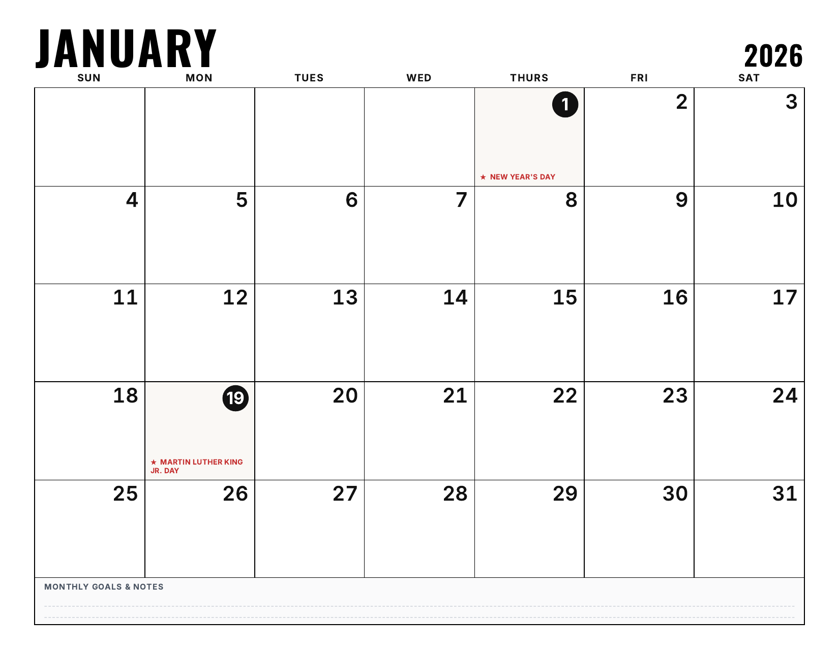 High resolution vector print preview of January 2026 printable calendar with US holidays and monthly notes column
