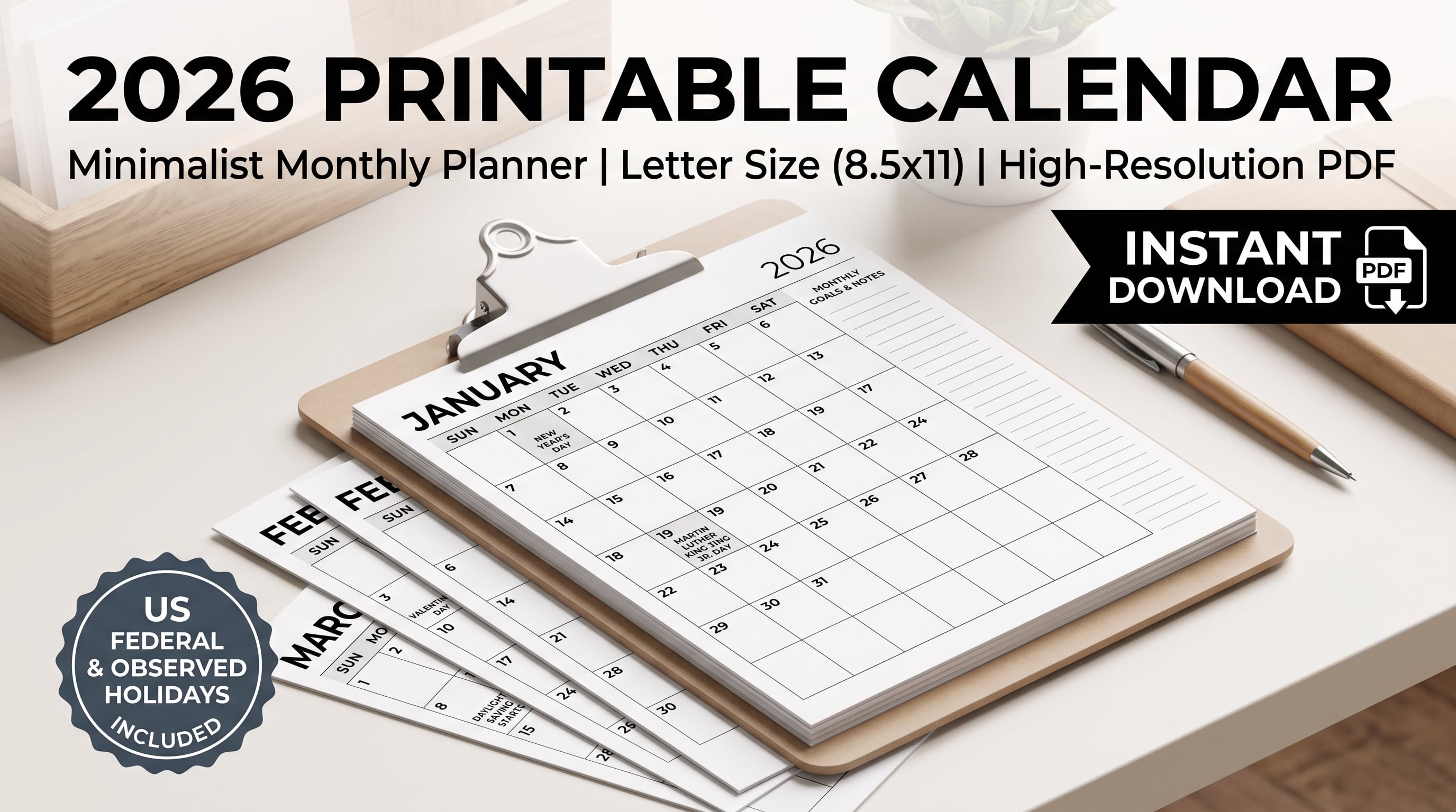 2026 Calendar with Holidays Printable PDF: Minimalist Monthly Desk Planner