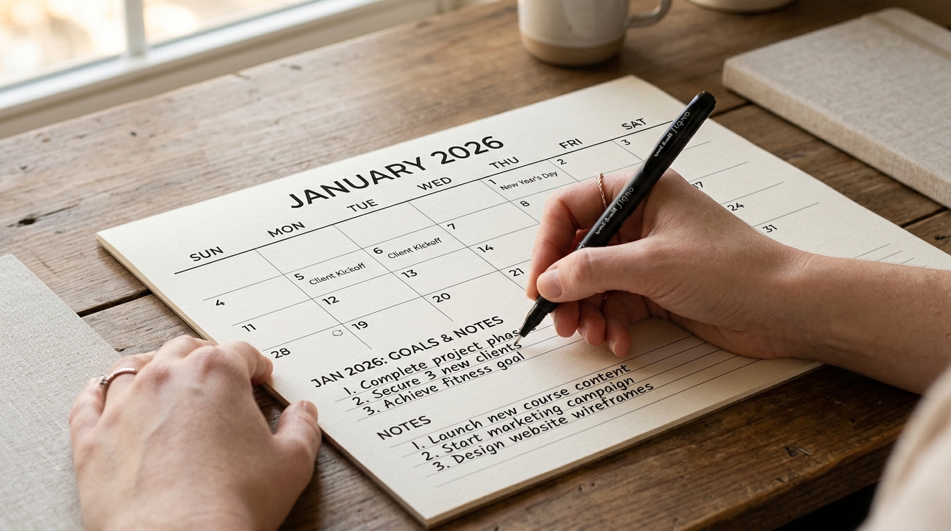Hand holding a black pen writing monthly targets and priority notes on the printed 2026 calendar page