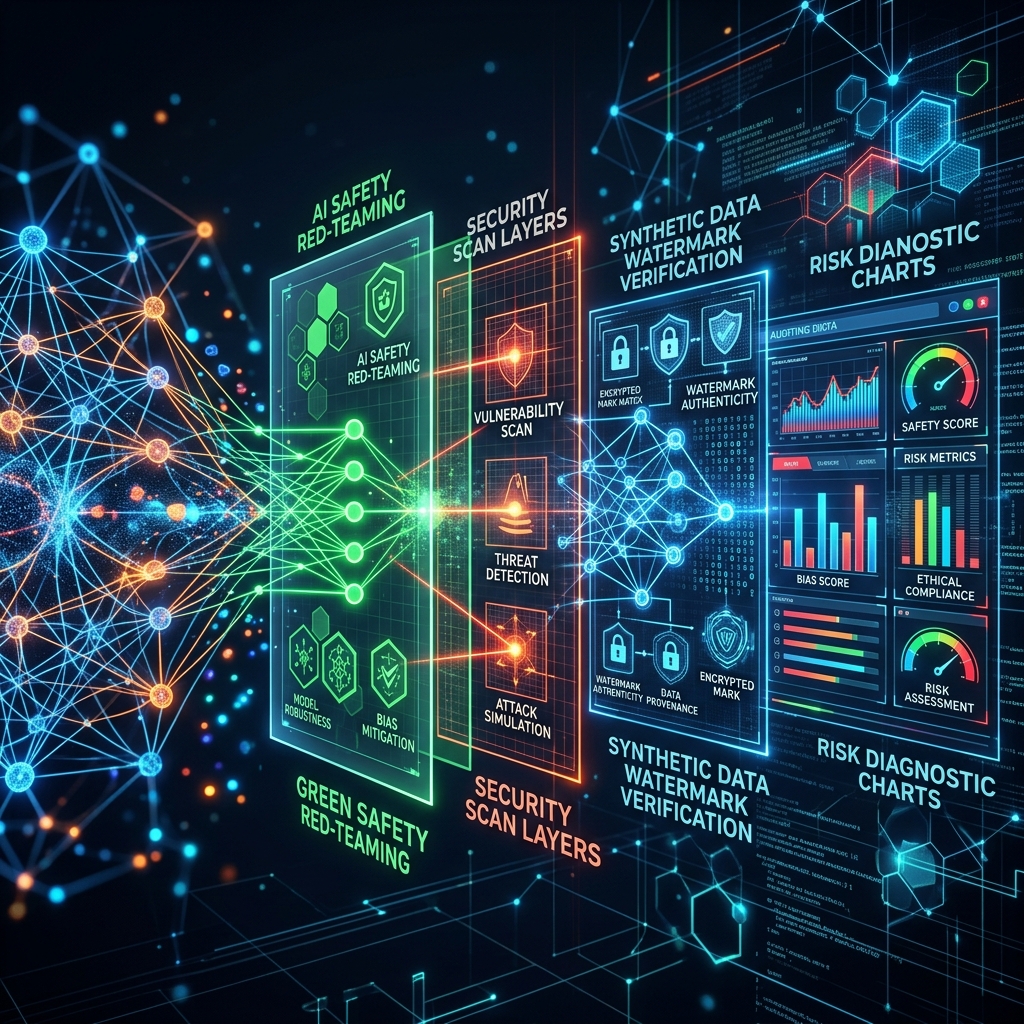 High-tech visual showing AI safety red-teaming, data watermark verification, and diagnostic charts