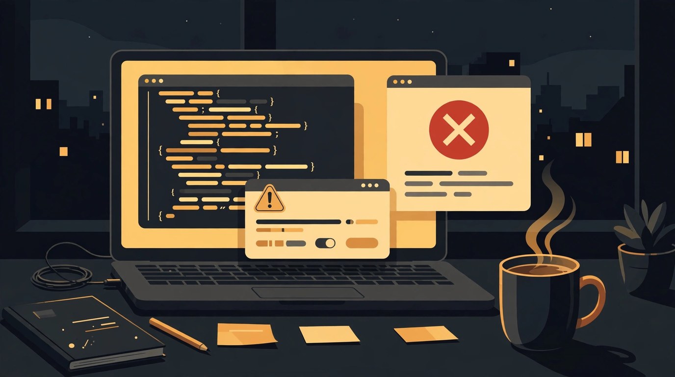 Illustration of a developer desk at night with a laptop showing lines of code, an app submission window with a warning badge, and a second window showing a rejected app