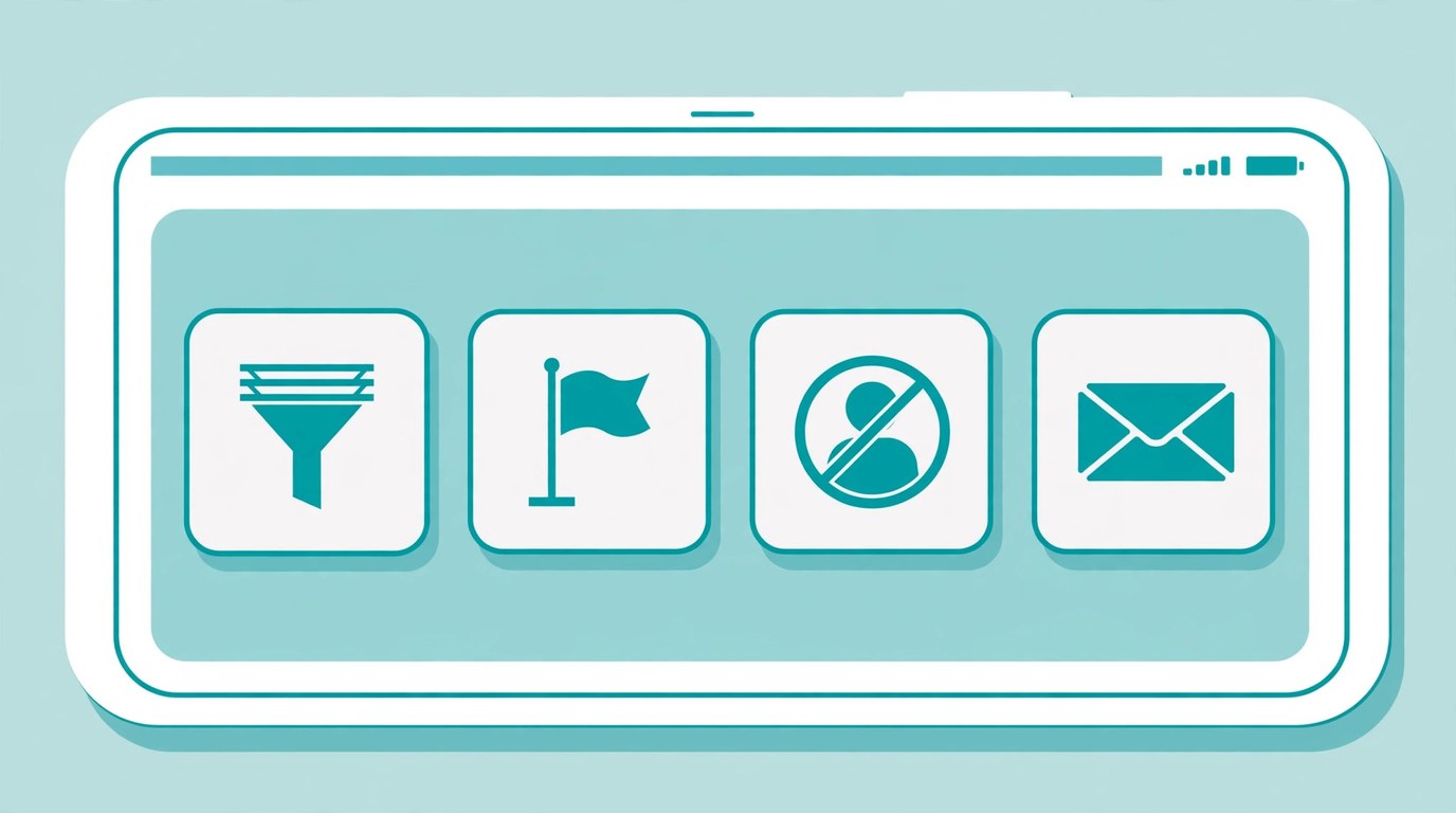 Illustration of an oversized smartphone interface showing four large safety control cards with a filter funnel icon, a report flag icon, a blocked user icon and an envelope contact icon