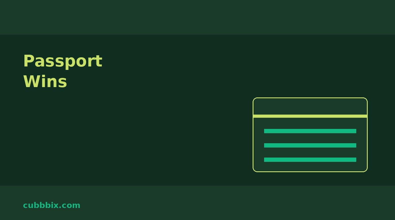 Dark green graphic with an identity card and the words Passport Wins