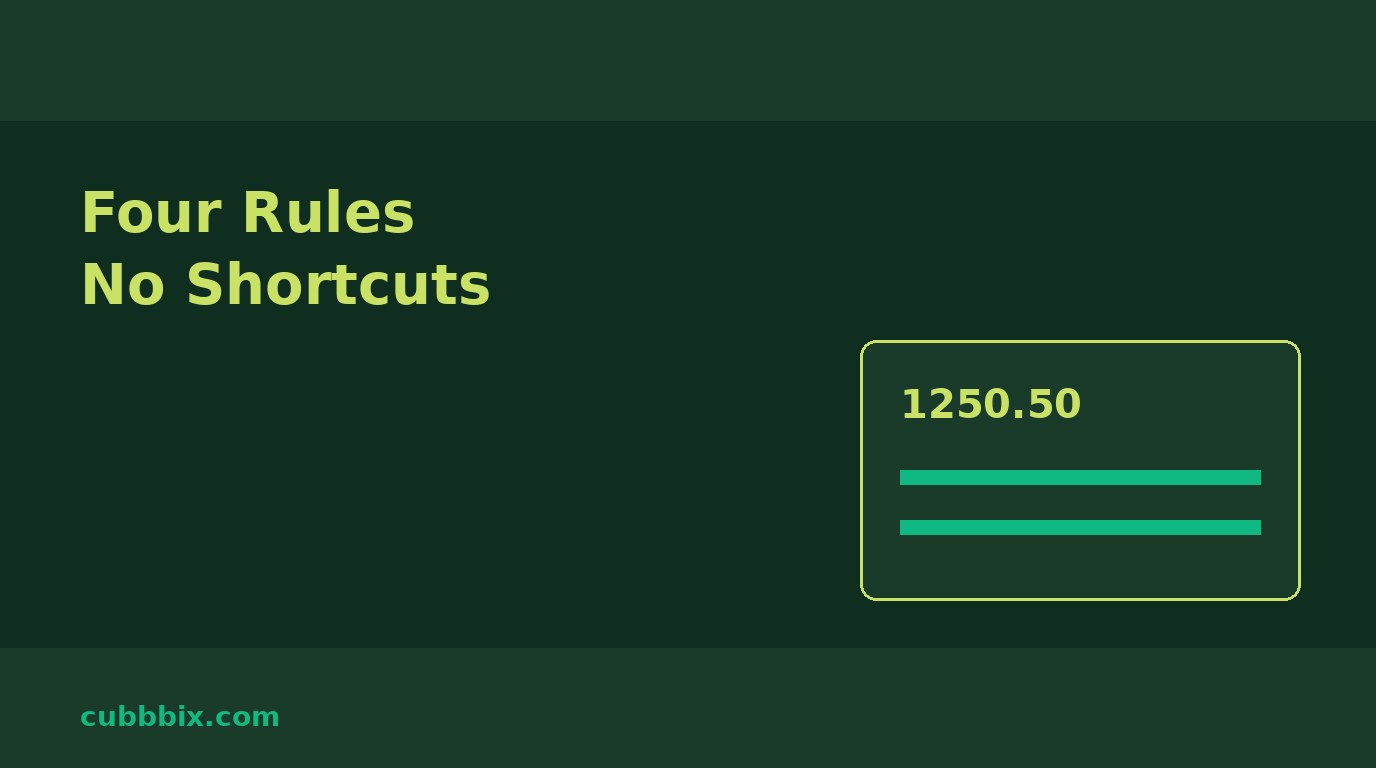 Dark green graphic with a cheque and the words Four Rules