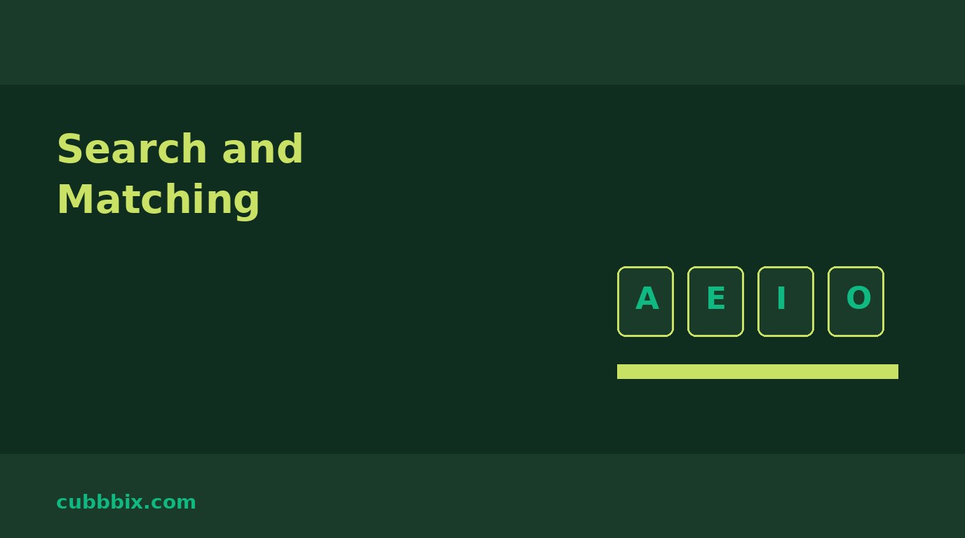 Dark green graphic with letter tiles and the words Search and Matching