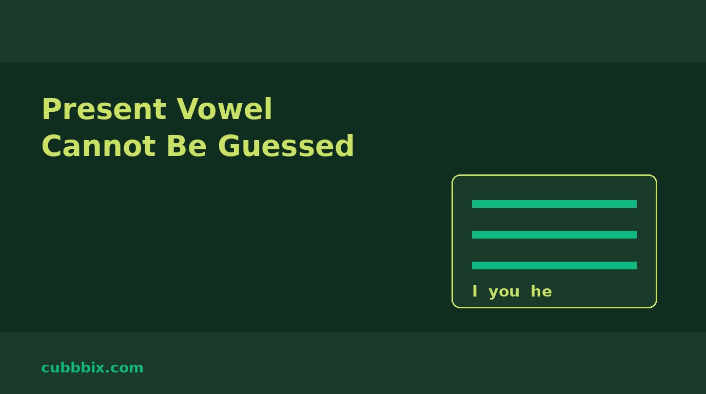 Dark green graphic with a verb table and the words Present Vowel