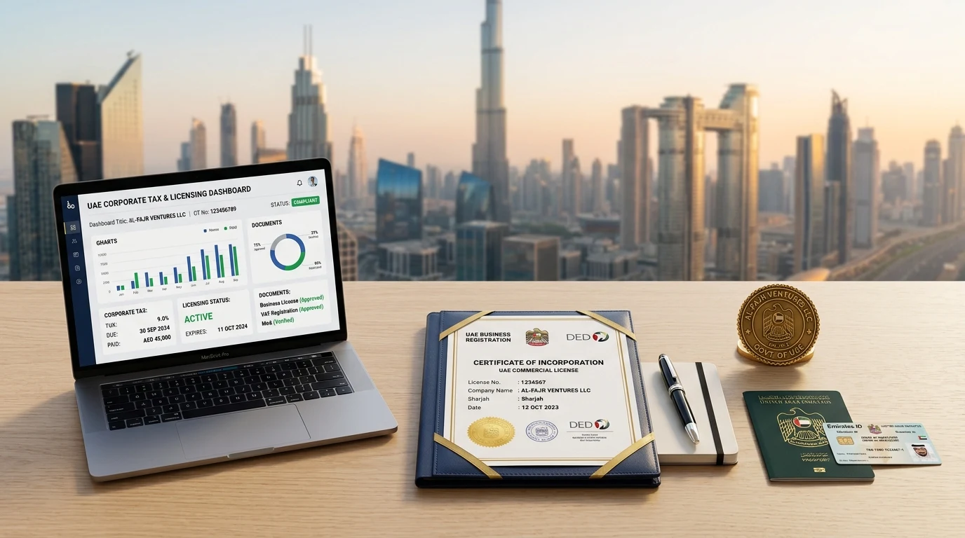 UAE business license registration folder, corporate tax dashboard, and residency documents on desk in Dubai