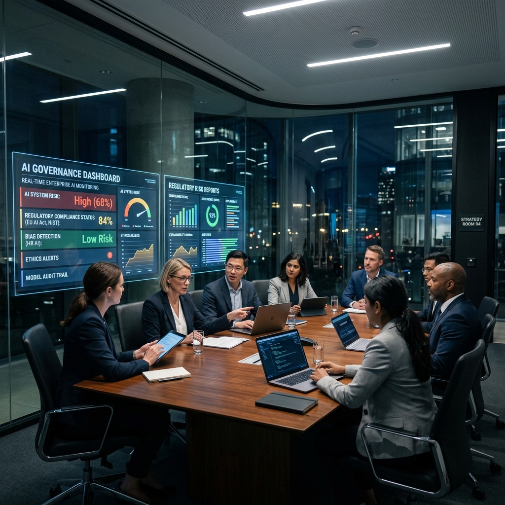 Corporate executive meeting room analyzing enterprise AI governance dashboards