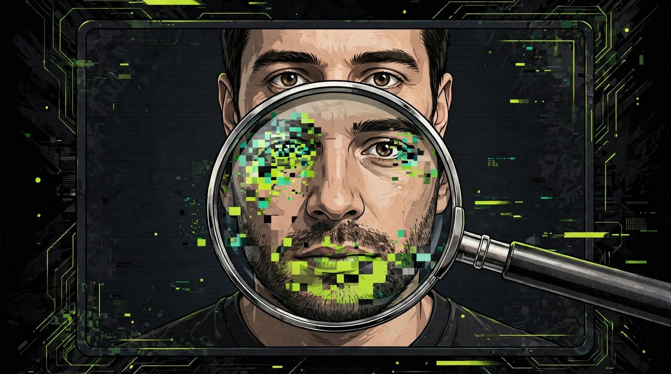 Magnifying glass over a video frame of a face revealing pixel glitches around the eyes and mouth, illustrating deepfake detection checks