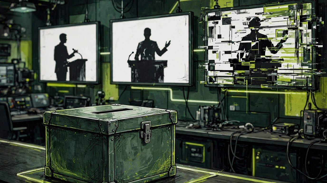 Ballot box in front of large newsroom screens showing speaker silhouettes, with one screen breaking into digital glitch distortion