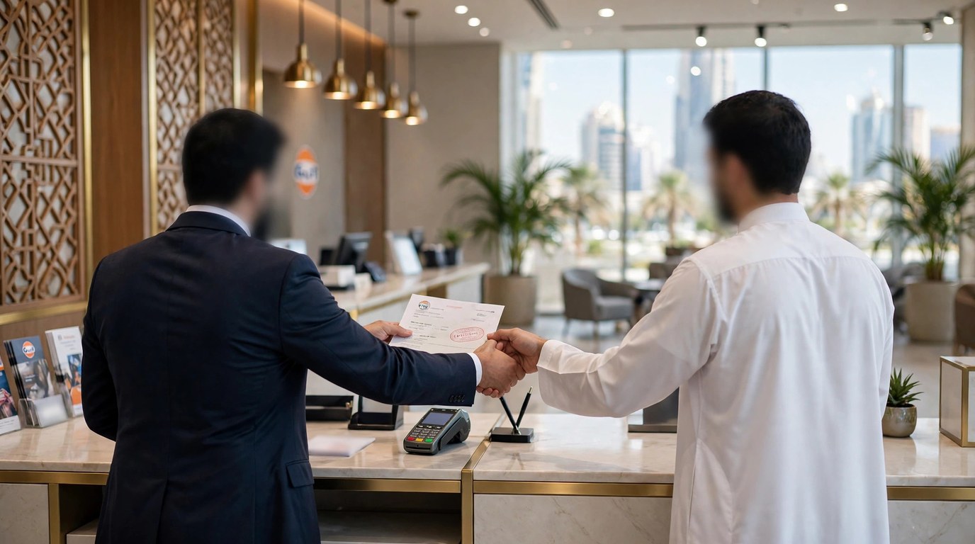 A customer at a bank service desk receiving a stamped clearance letter from a banker after settling a loan