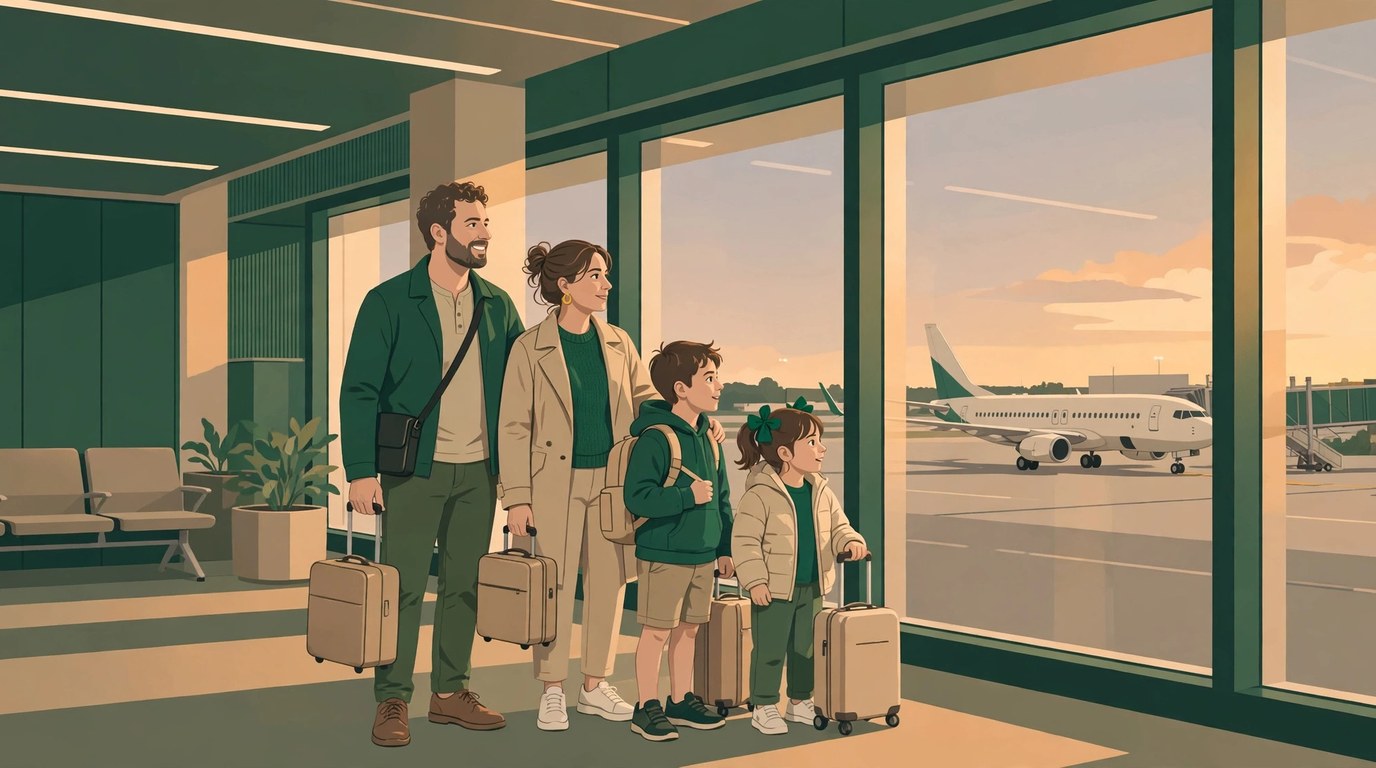 Illustration of a family of four with suitcases standing in an airport terminal in front of a window with an airplane outside