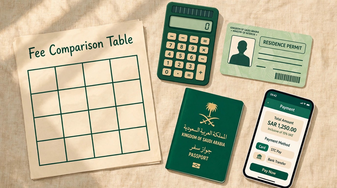 Illustration of a desk with a printed visa fee table, a calculator, a Saudi passport, an Iqama card and a phone showing a payment screen