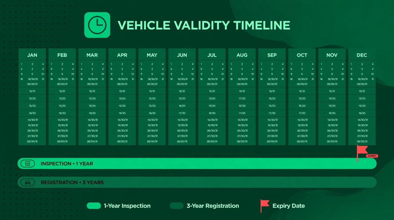 Illustration of a calendar timeline comparing a one-year inspection validity bar with a three-year registration validity bar