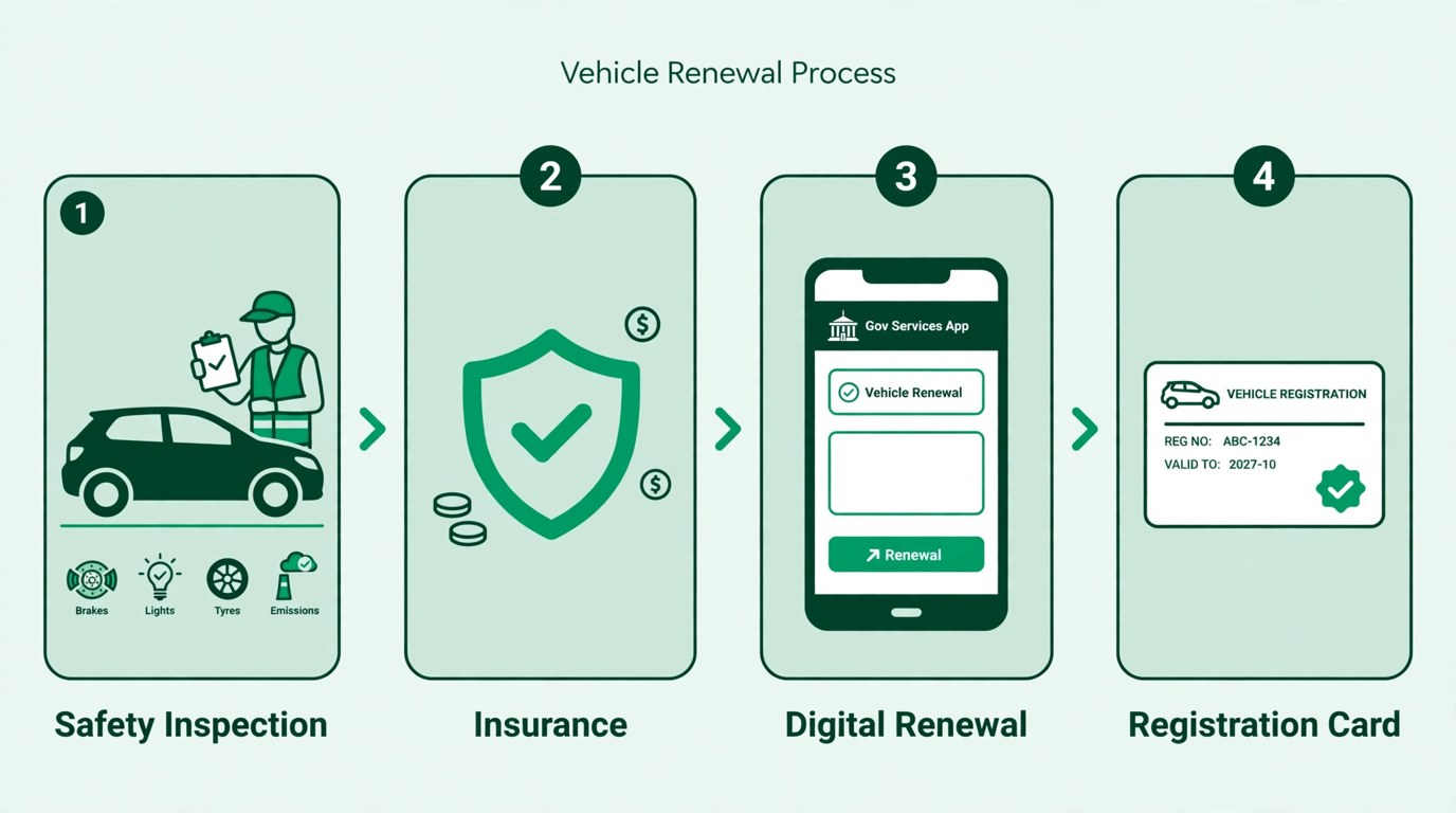 Illustration of the four renewal steps in sequence: vehicle inspection, insurance shield, payment on a phone app, and a renewed registration card