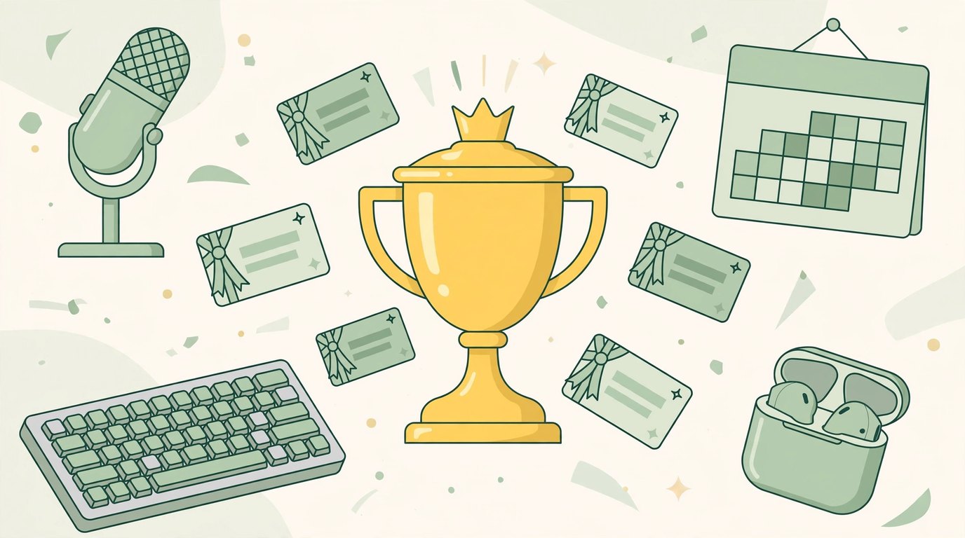 Illustration of a golden trophy surrounded by prize cards, a wireless earbuds case, a microphone, a keyboard and a calendar page for a hackathon prize pool announcement