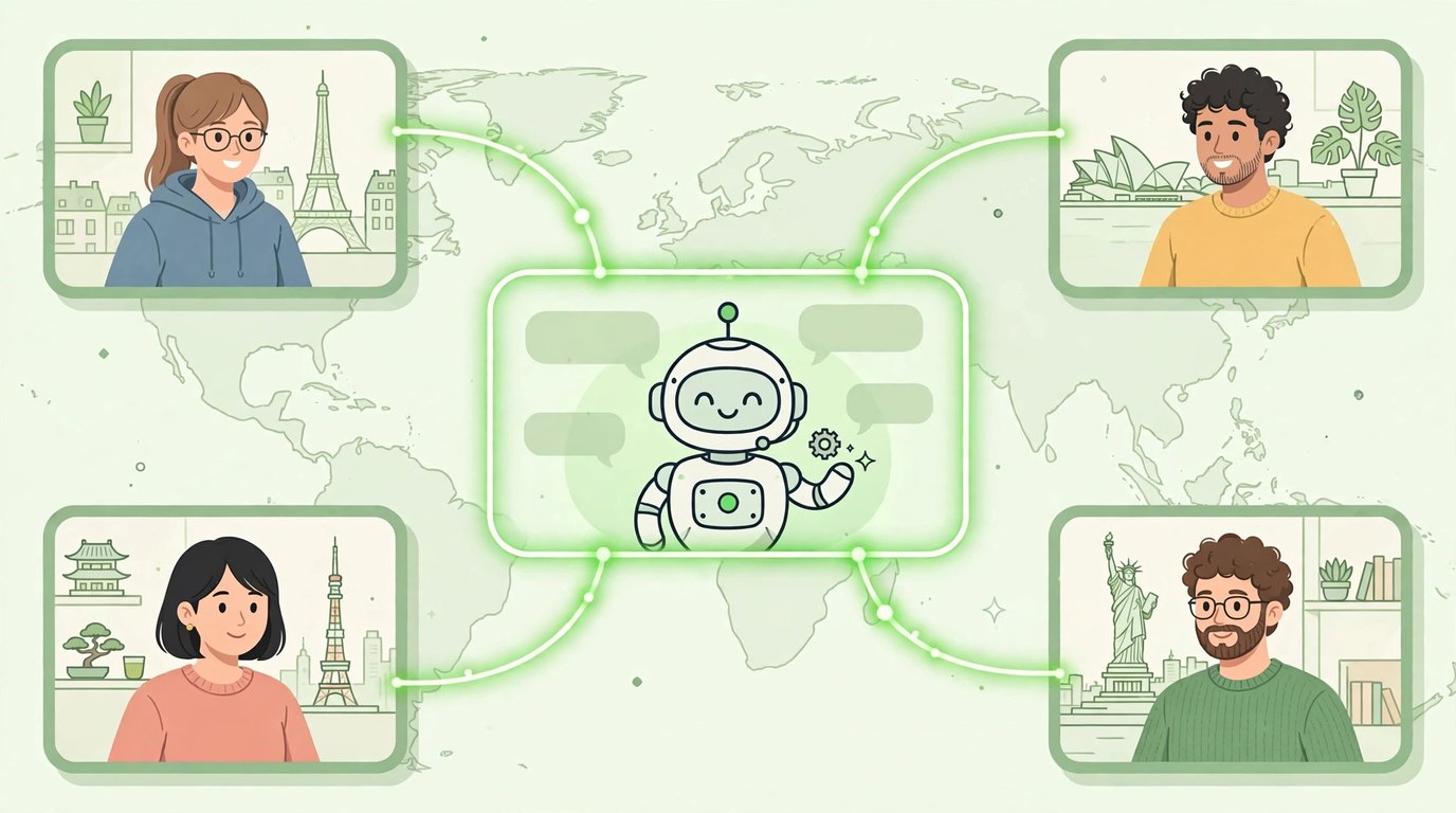 Illustration of four remote teammates in different locations connected by glowing lines to one shared chat window where a robot agent avatar is working