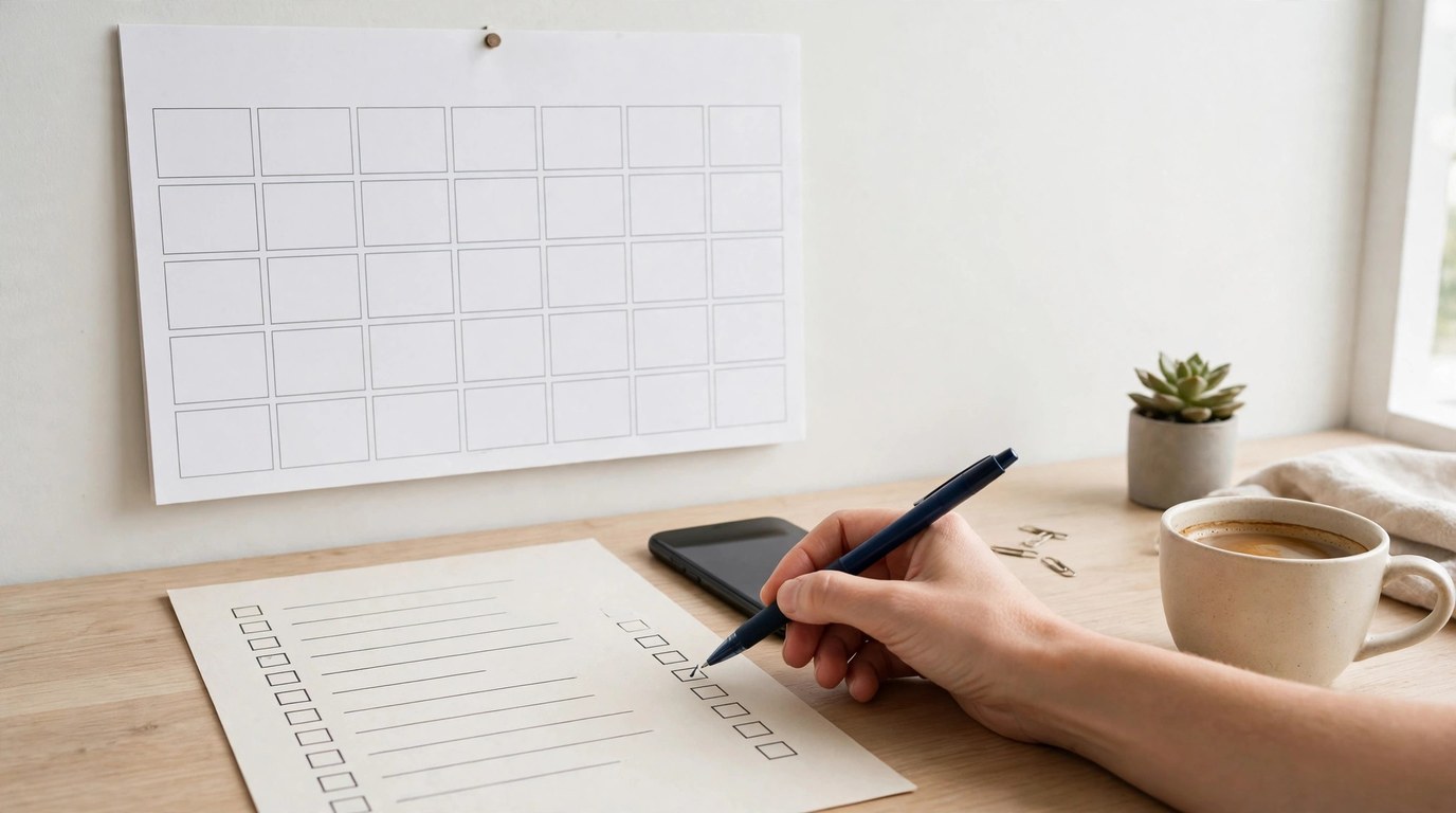 Hand ticking boxes on a paper monthly checklist under a blank wall calendar, with a phone and a cup of coffee on the desk.