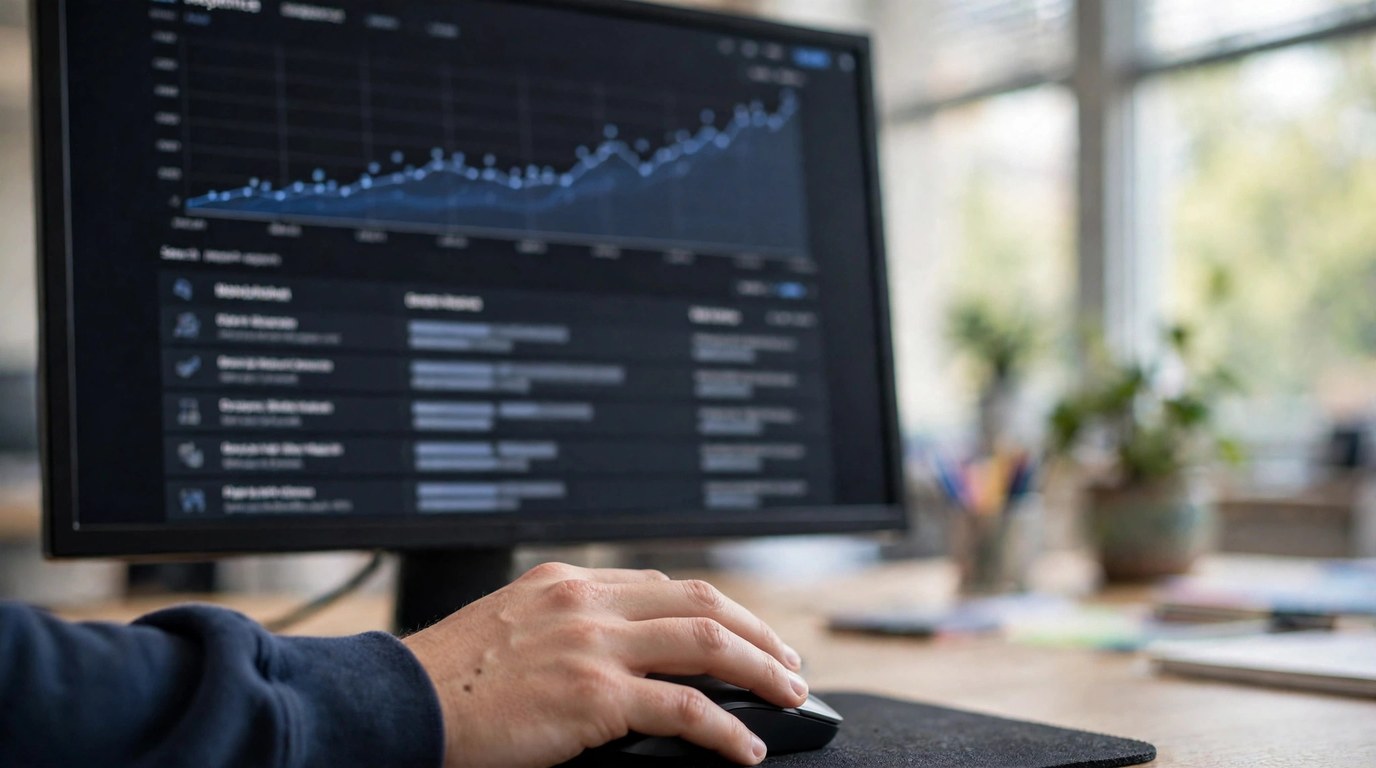 Computer monitor showing a search performance report with a rising graph and rows of indexed pages, with a hand on a mouse in the foreground.