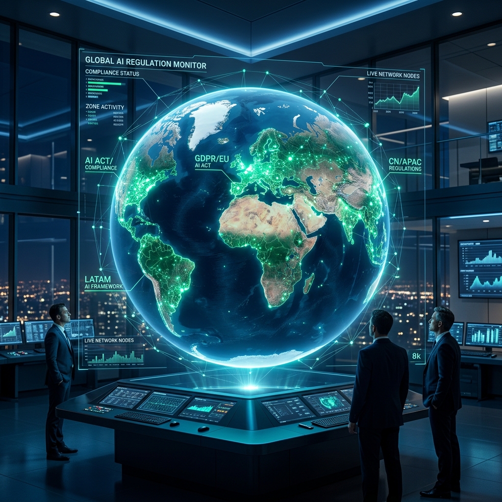 Futuristic 3D global map displaying 15 country AI regulatory compliance nodes