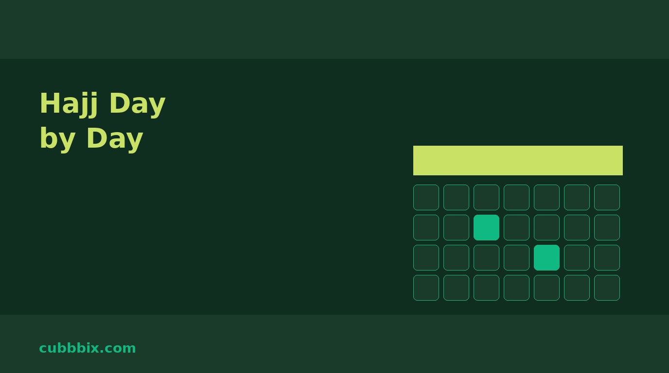 Dark green graphic with a calendar grid and the words Hajj Day by Day