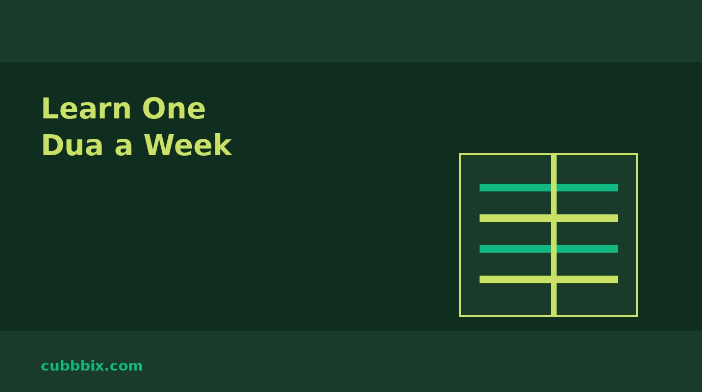 Dark green graphic with an open book with lines of text and the words Learn One Dua a Week