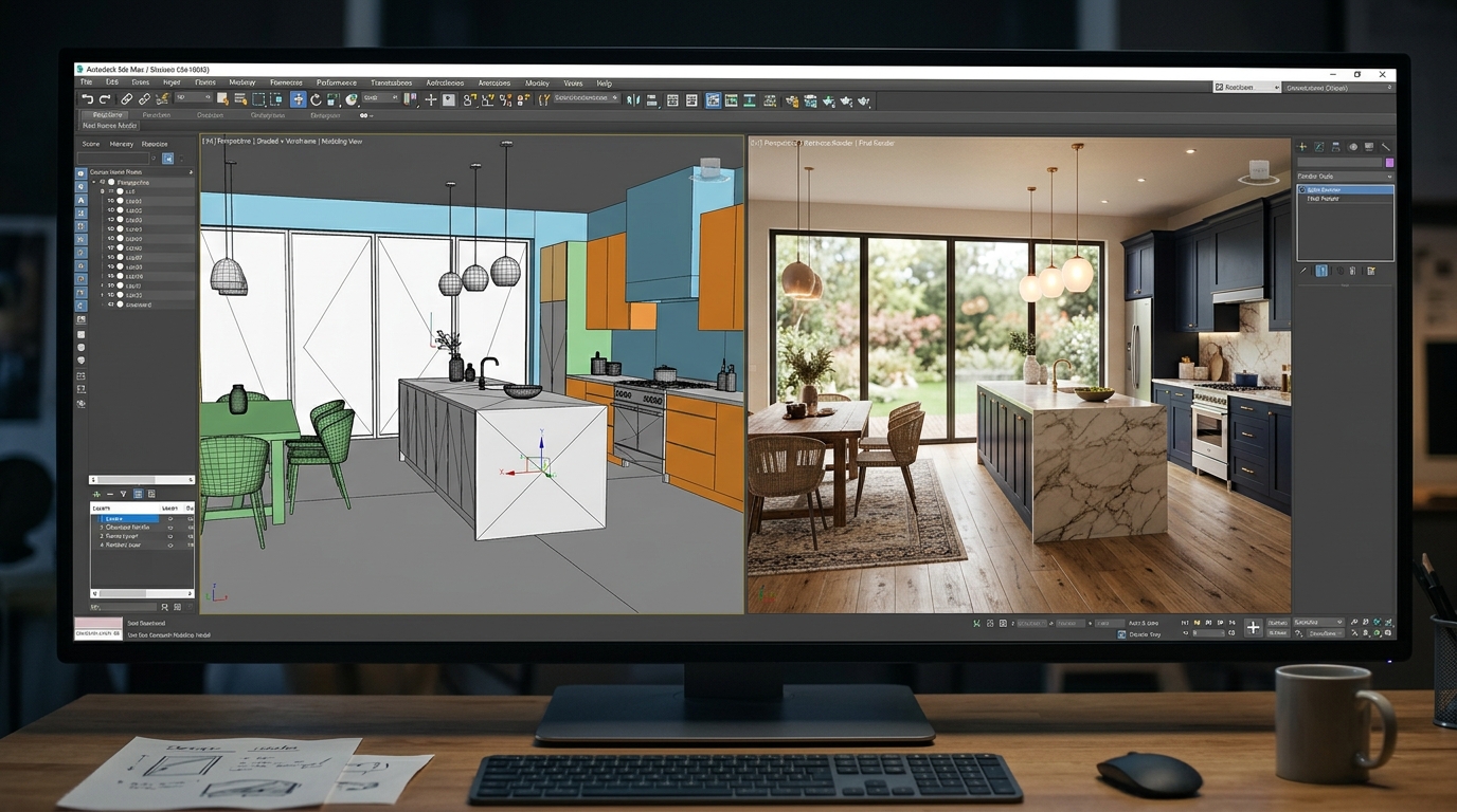 Side by side split screen showing 3D wireframe interior model on the left and ray-traced photorealistic interior kitchen render with sunlight and materials on the right