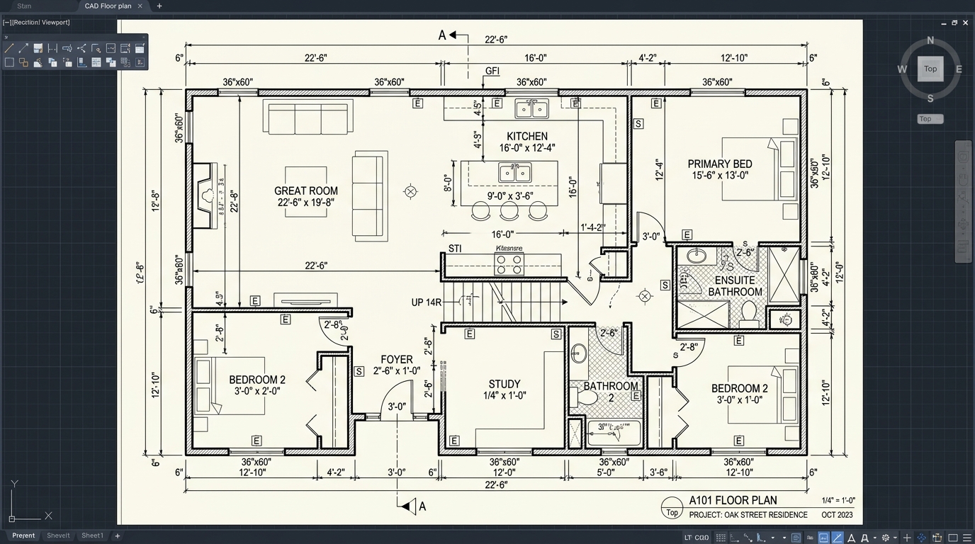 Detailed 2D CAD architectural drafting viewport showing room dimensions in feet and inches, door swing arcs, wall thicknesses, and furniture layouts on a white grid