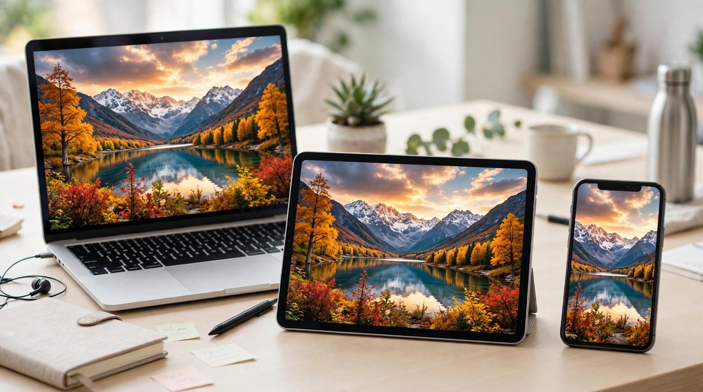 Laptop, tablet, and smartphone side by side on a desk, each screen showing the same autumn mountain lake photograph