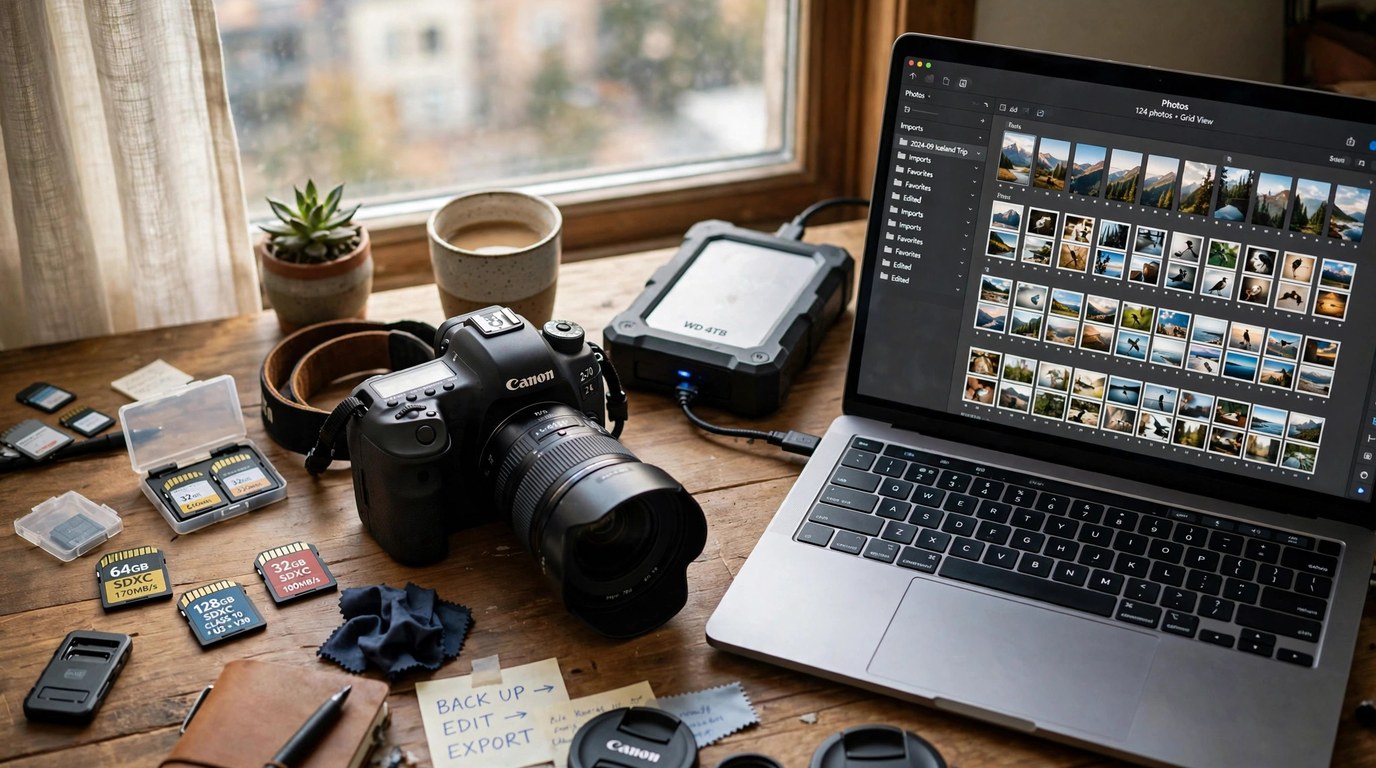 Photographer's desk with a DSLR camera, SD memory cards, an external backup drive, and a laptop displaying a grid of archived photos