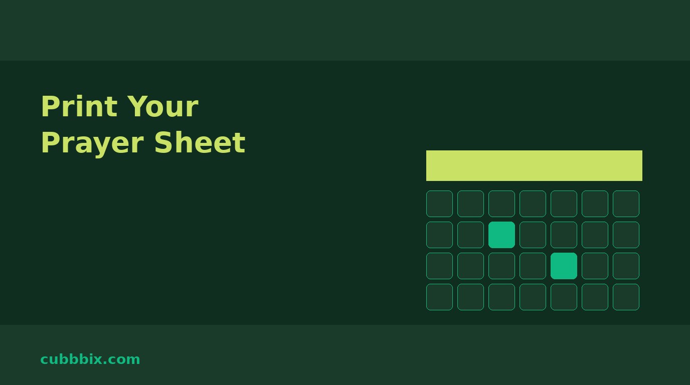 Dark green graphic with a calendar grid and the words Print Your Prayer Sheet