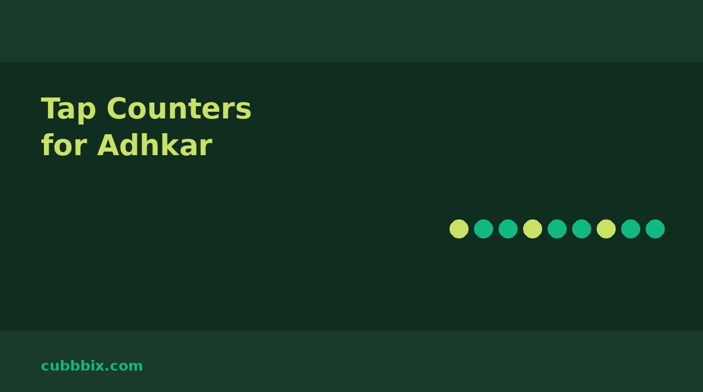 Dark green graphic with a row of prayer beads and the words Tap Counters for Adhkar