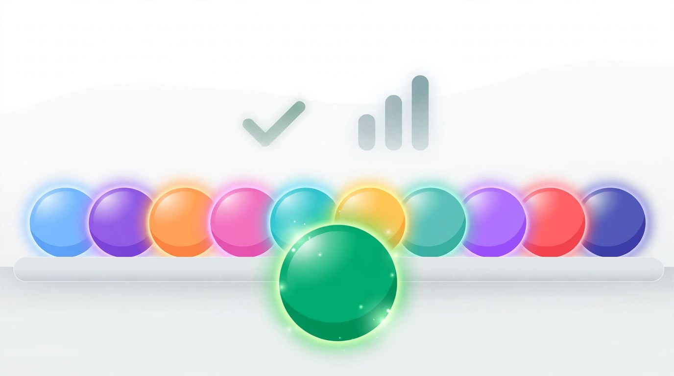 Illustration of eleven AI assistant orbs in different colors lined up for comparison, with one larger emerald orb highlighted in front