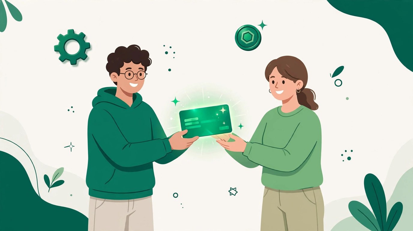 Illustration of two people exchanging a glowing green gift card, with a gear and a token coin floating beside them