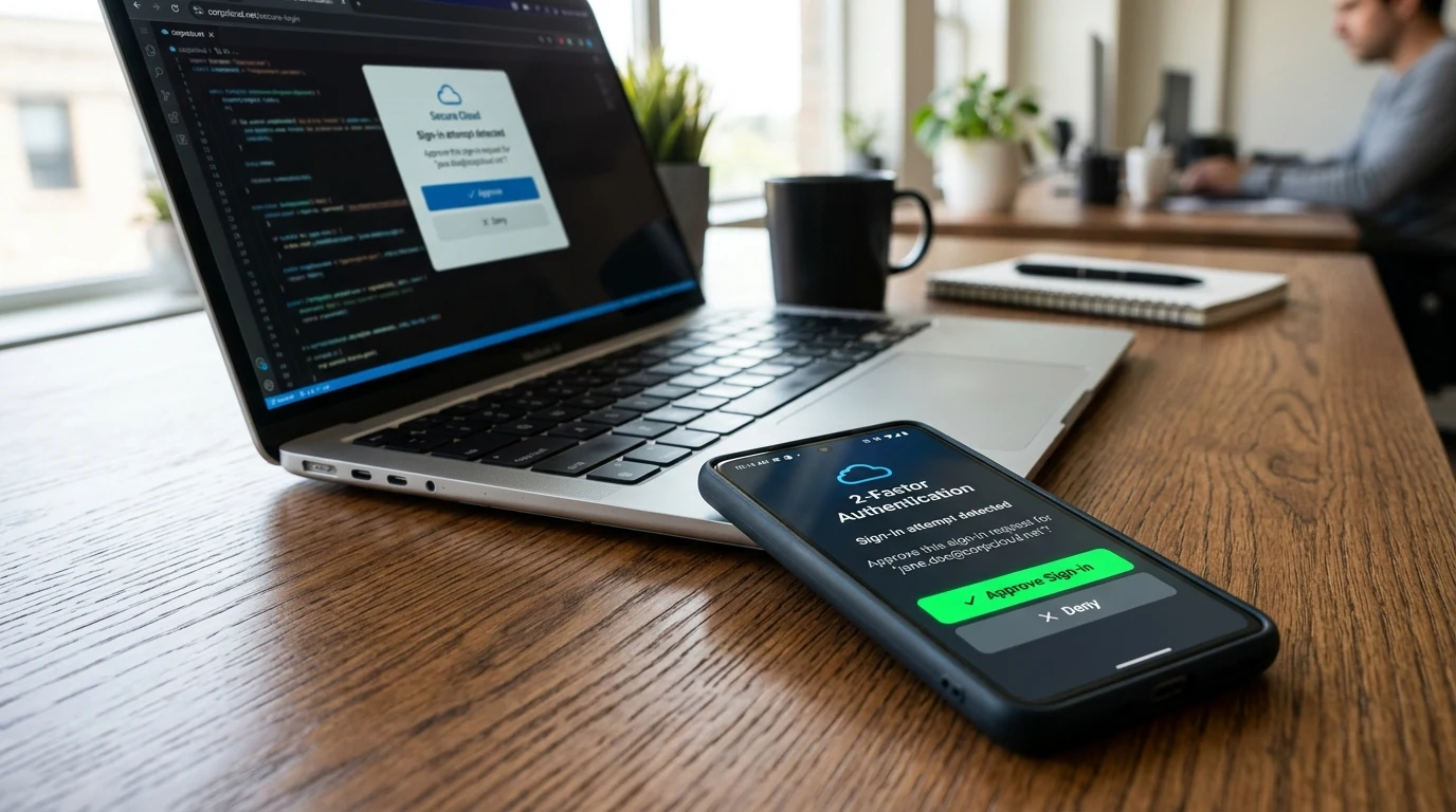 Smartphone auf einem Schreibtisch zeigt die zweistufige Bestätigungsanforderung für den sicheren Microsoft-Login