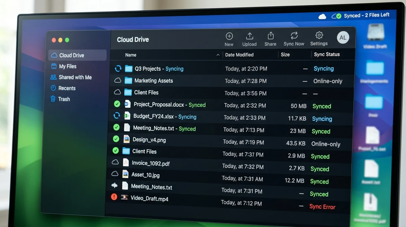 Dateimanager mit verschiedenen Cloud-Statussymbolen für synchronisierte und nur online verfügbare Dokumente