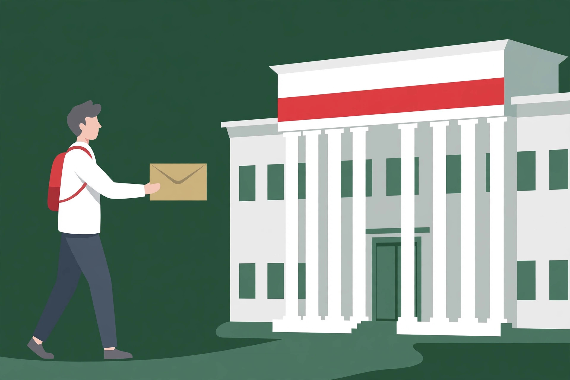 A person carrying an envelope walks toward a white official building with red Polish flag colors, showing a citizen submitting a complaint to the AI regulator