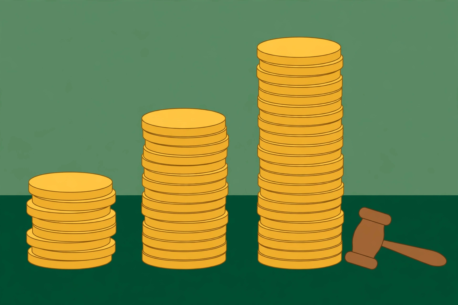 Three stacks of gold coins of increasing height with a wooden judge gavel beside the tallest stack, showing the three tiers of Poland AI fines