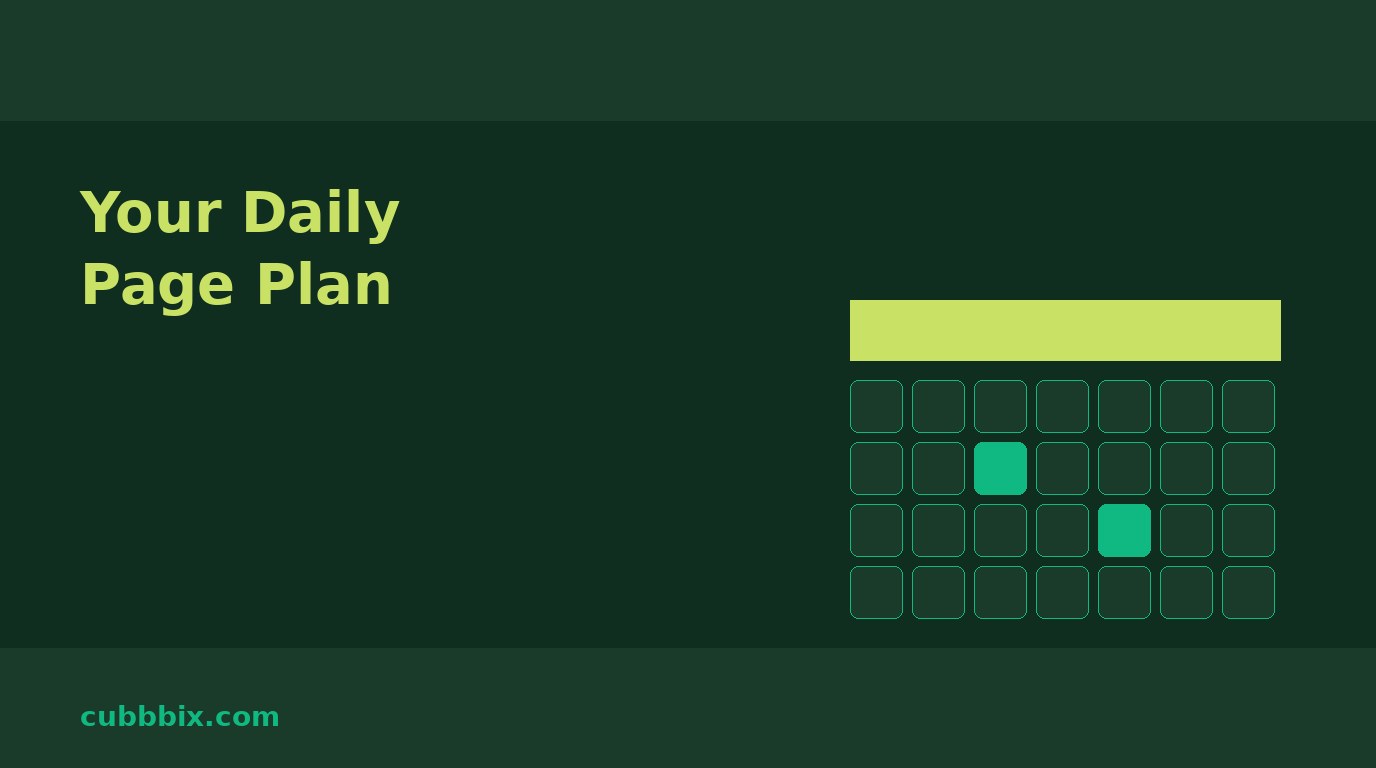 Dark green graphic with a calendar grid and the words Your Daily Page Plan