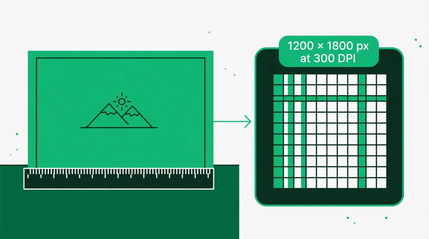 Illustration of a 4 by 6 inch photo print with a ruler along its edge, next to a pixel grid labeled 1200 by 1800 pixels at 300 DPI