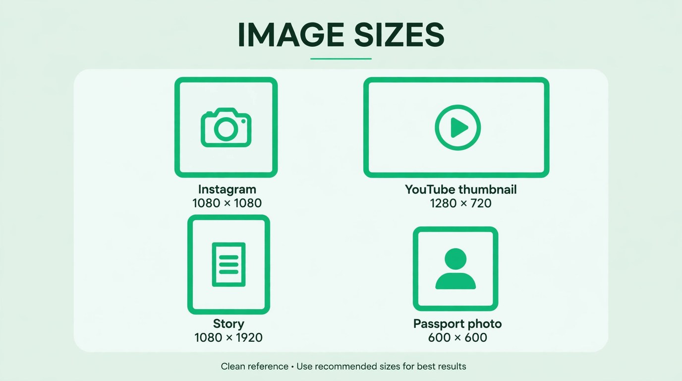 Diagram of four labeled frames showing an Instagram post at 1080 by 1080, a YouTube thumbnail at 1280 by 720, a story at 1080 by 1920 and a passport photo at 600 by 600