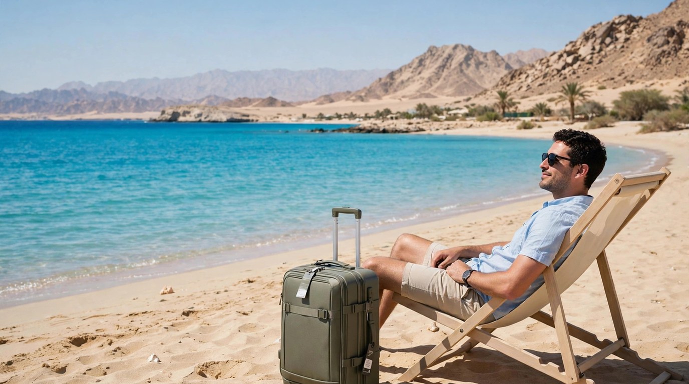 A worker relaxes on a deck chair on a Red Sea beach during paid annual leave, with his suitcase standing in the sand beside him.