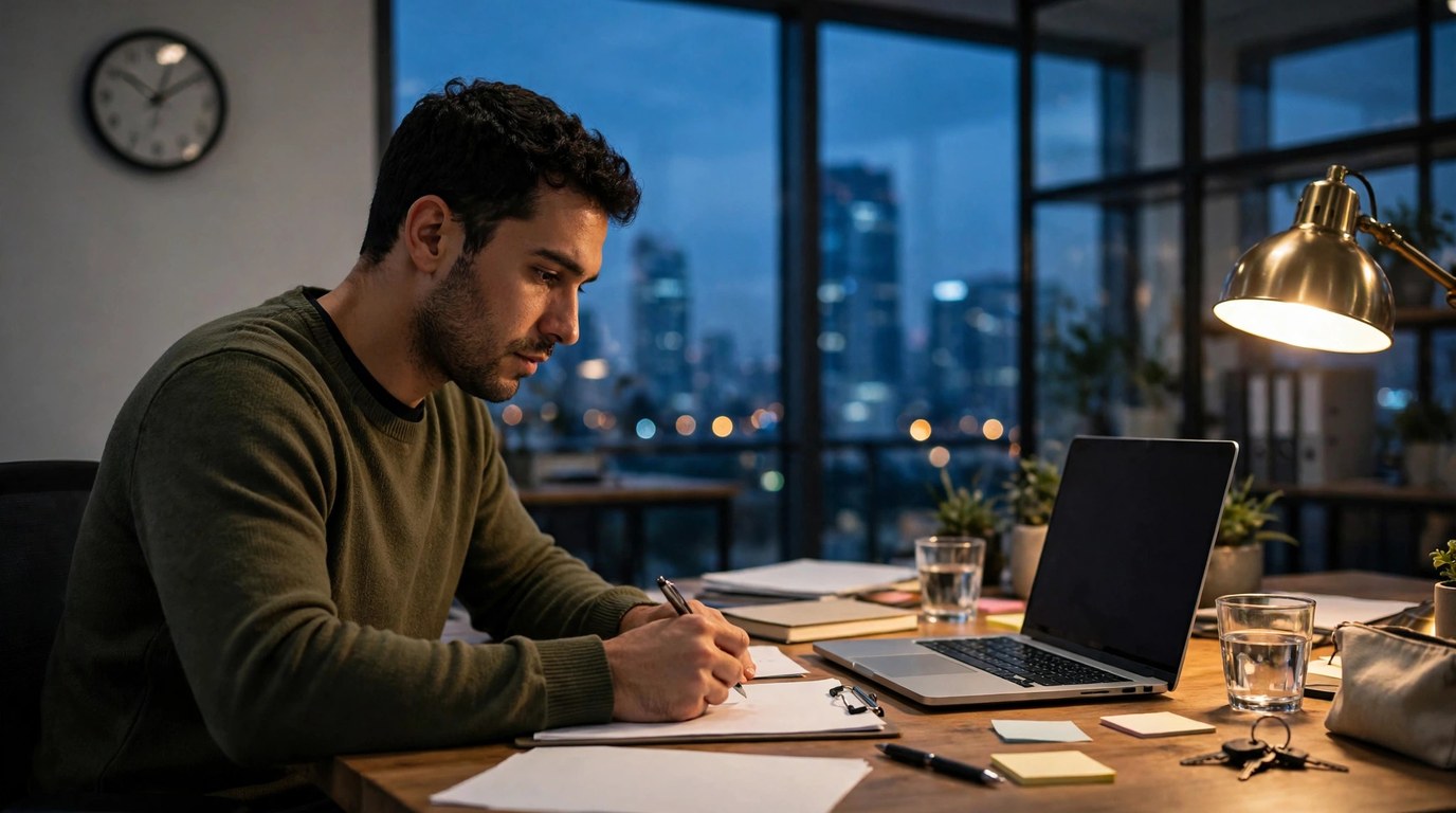 An employee works late at his desk in the evening under a desk lamp, with a wall clock and city lights visible through the office windows.