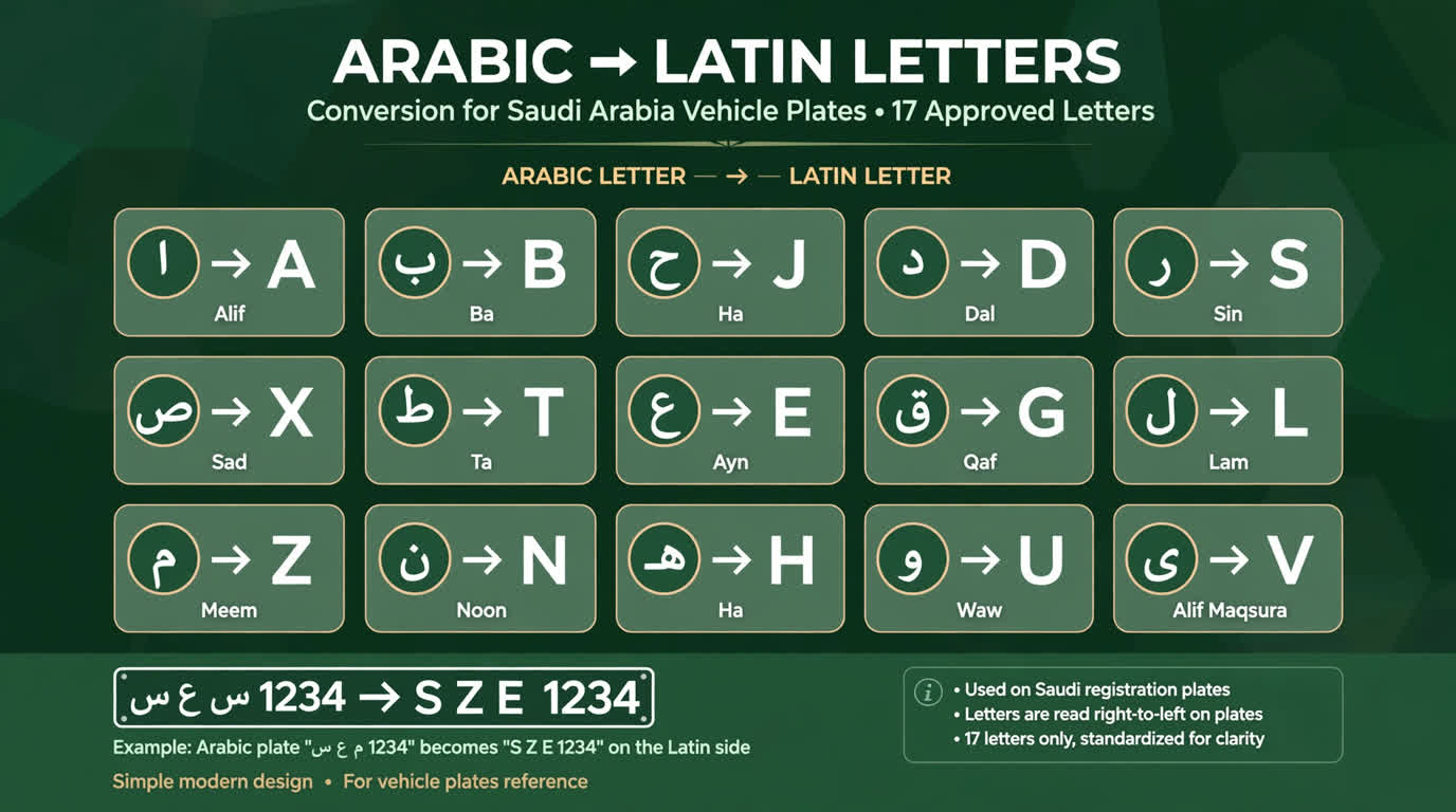 Infographic chart pairing Arabic letters with their Latin equivalents used on Saudi vehicle plates, on a dark green background.