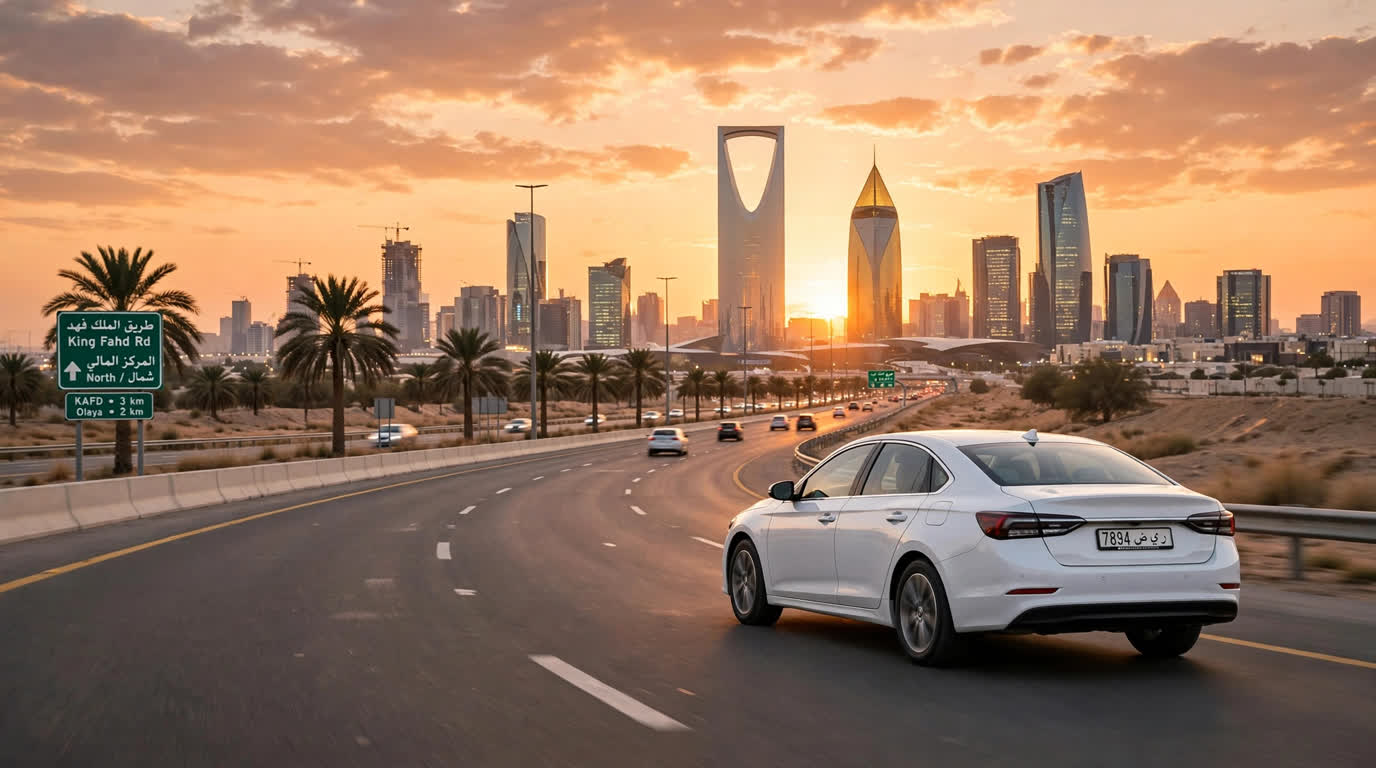 White sedan driving on a Riyadh highway at sunset with the city skyline in the distance.