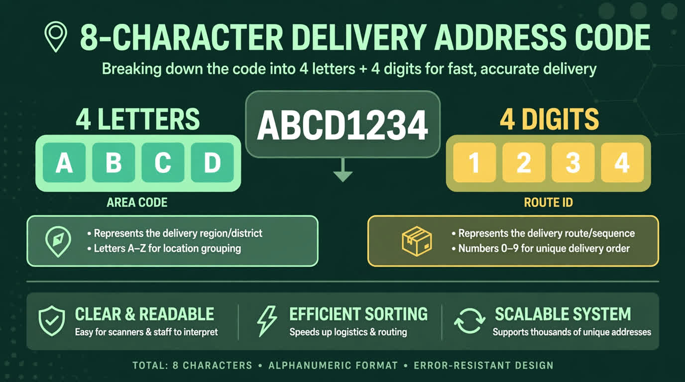 Infographic diagram splitting an 8-character short address code into color-coded letter and digit segments with labels.