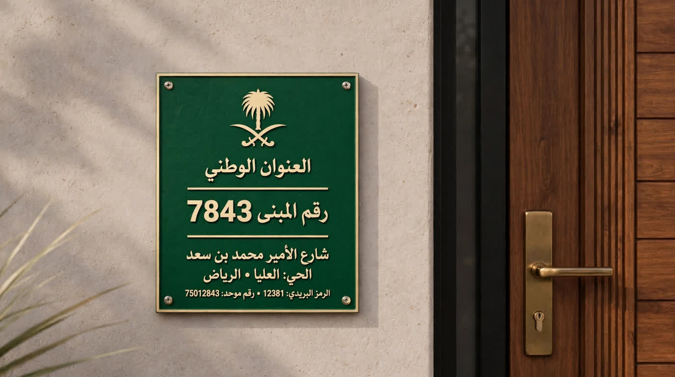 Green Saudi National Address plaque mounted on a building wall beside a front door, showing a building number.