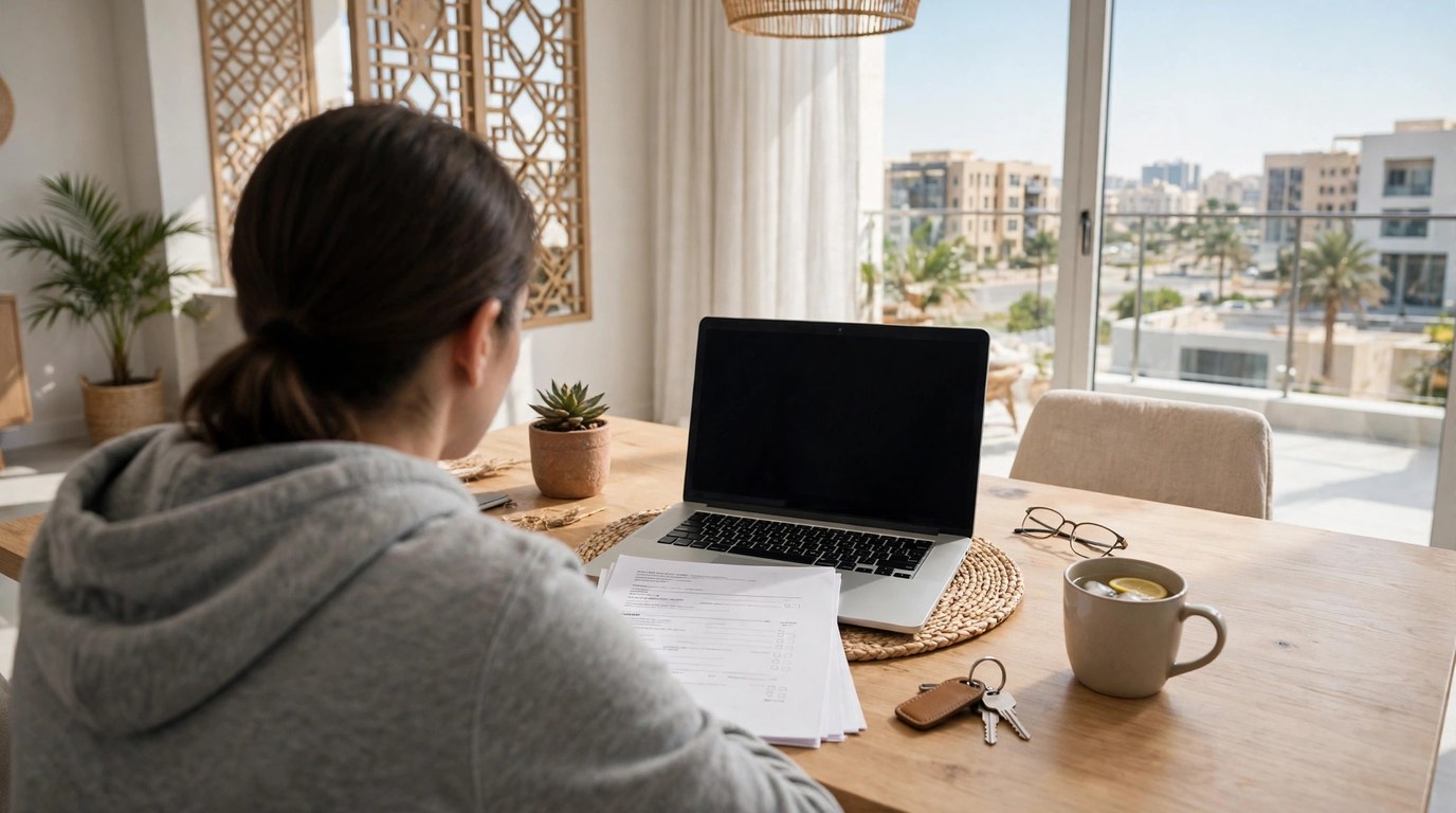 A tenant sitting at a dining table at home with a laptop, a printed lease agreement and apartment keys, checking a rental contract before renewal