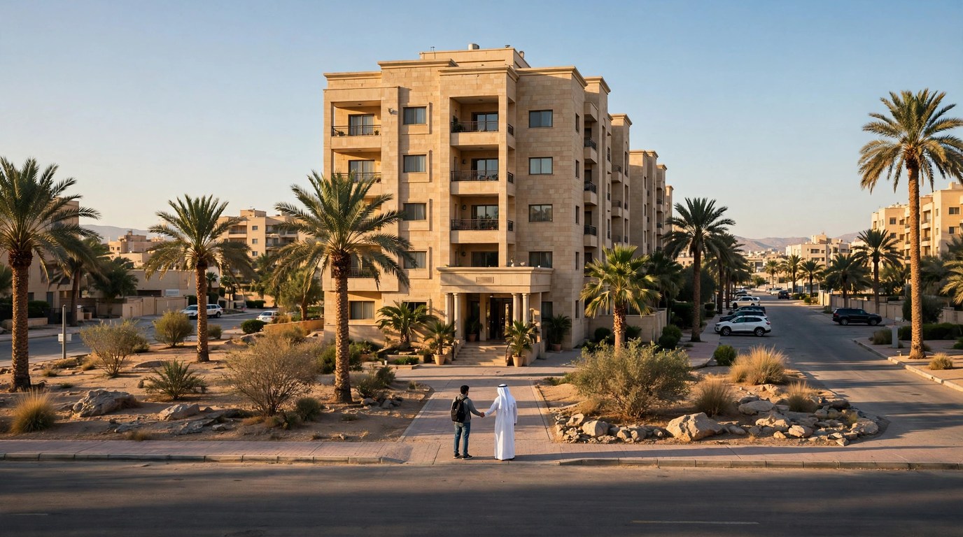 A tenant and a landlord shaking hands outside the entrance of a residential apartment building in Riyadh, agreeing terms in line with the published rent rules